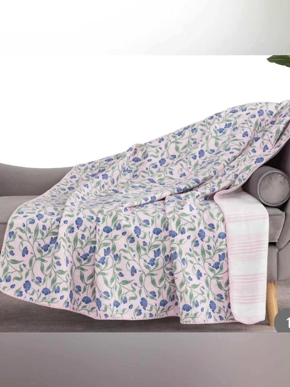 Artist Collection Cotton Gauze Floral Pink Throw Plush Striped Reverse 60x70 New